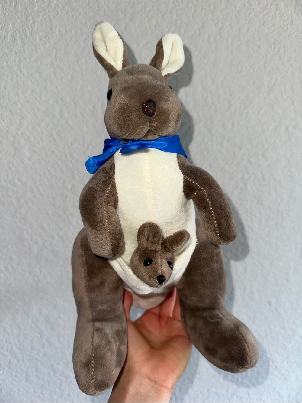 Plush Kangaroo with Joey - Brown & Cream with Blue Bow
